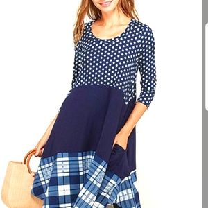 🩵💙Frumos 💙🩵Navy Plaid PolkaDot Color Block Tunic Dress Great Price